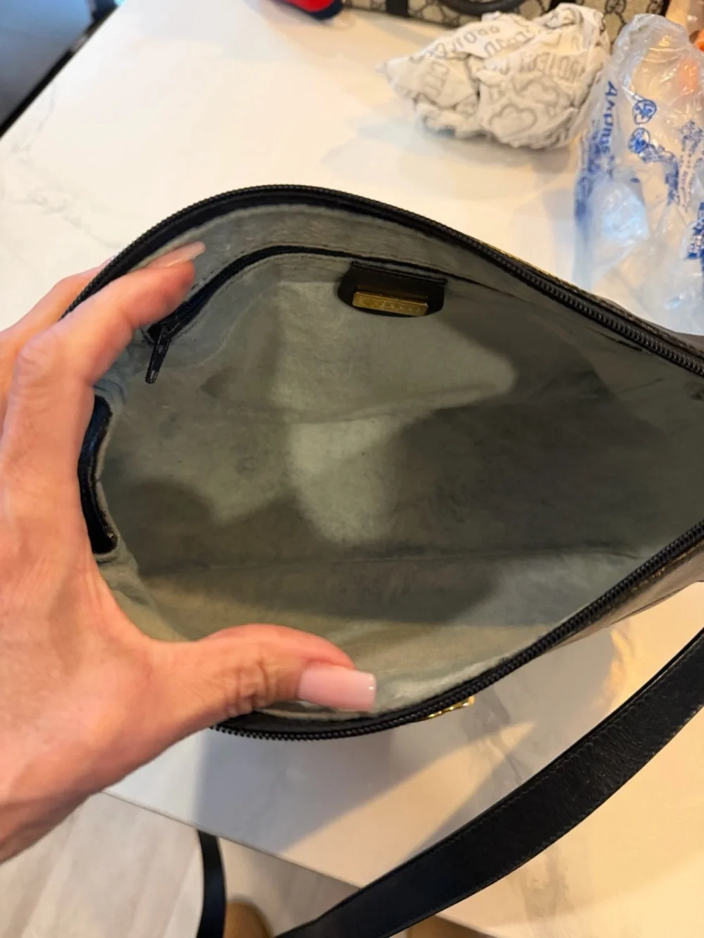 Gucci Blue Leather and Beige/Gray GG Monogram Shoulder Bag - Picture 11 of 14